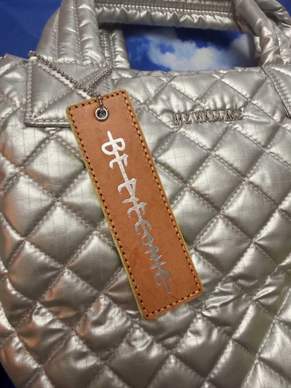 MZ Wallace Metallic Silver Tote with Neon Yellow Trim and Blue Printed Lining